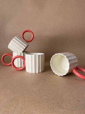 Ring Handle Ceramic Mug -Coral/White